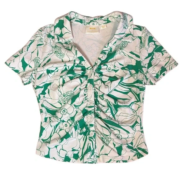 Anthropologie Maeve green white floral ruched button front cropped top size M - Picture 3 of 14